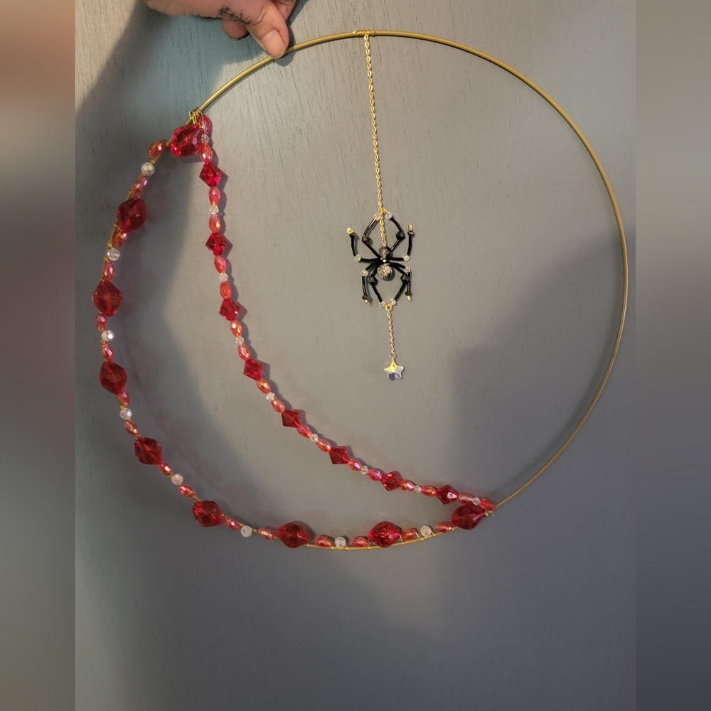 Red Crystal Beaded Necklace with Gold Hoop and Star Pendant - Unbranded
